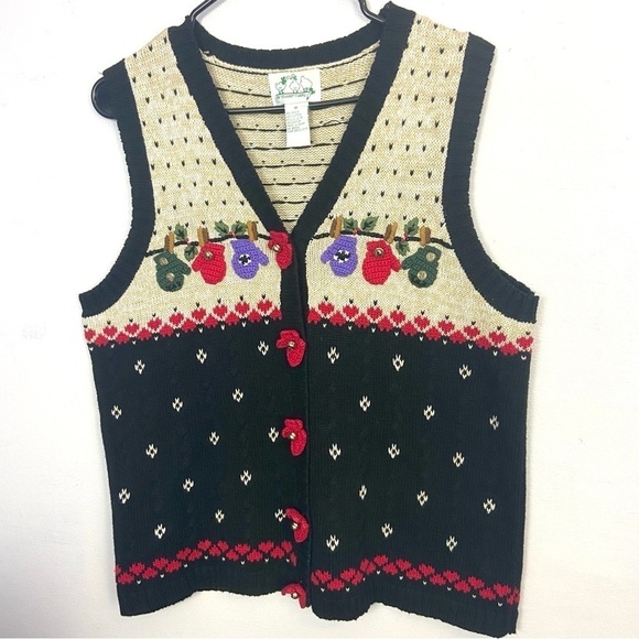 Quacker Factory Ramie Cotton Sweater Vest Christmas Mittens Jingle Bells - Picture 1 of 11